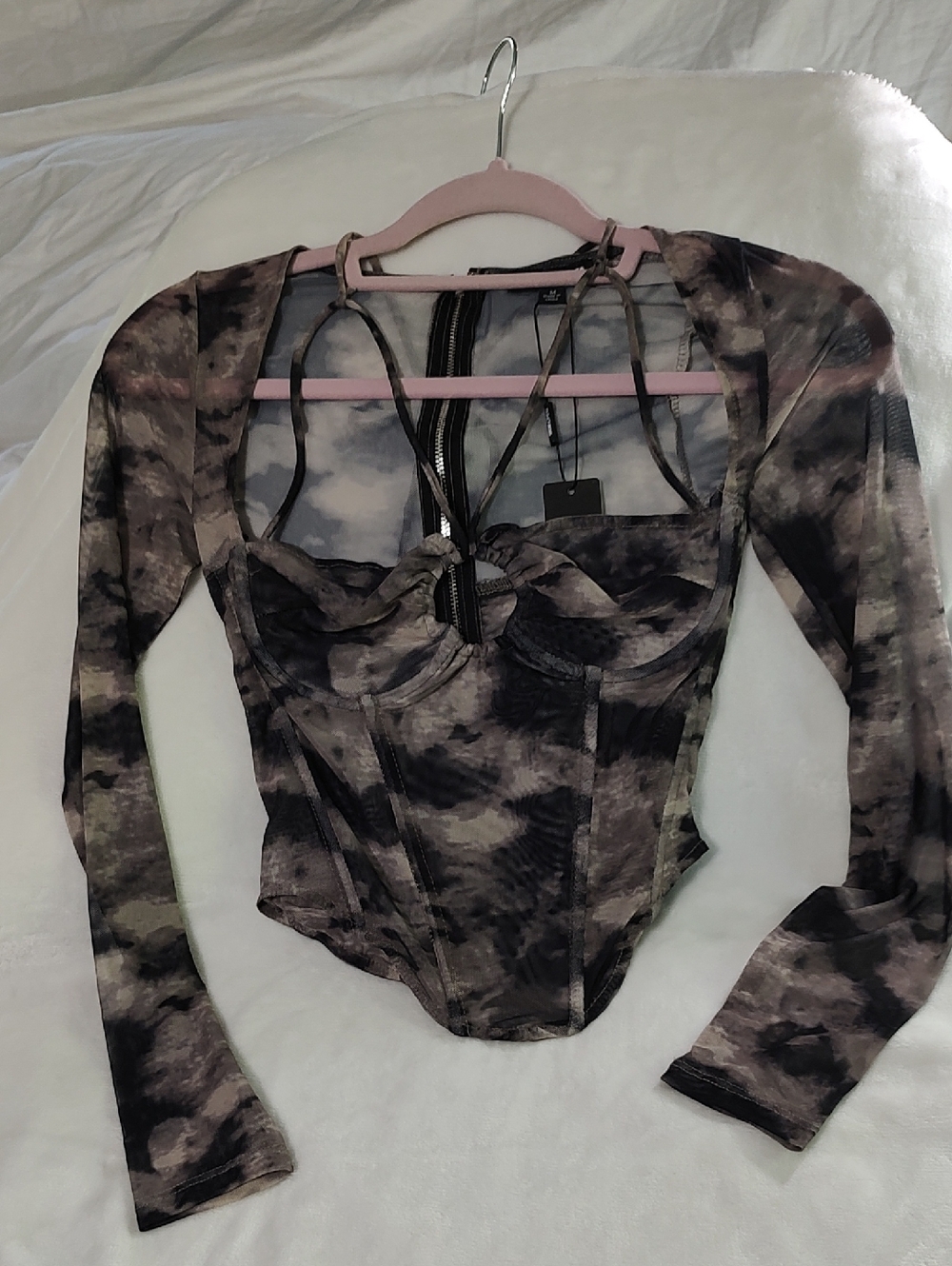 Fashion Nova Tie-Dye Mesh Corset Crop Top - Black, Gray, Mauve
